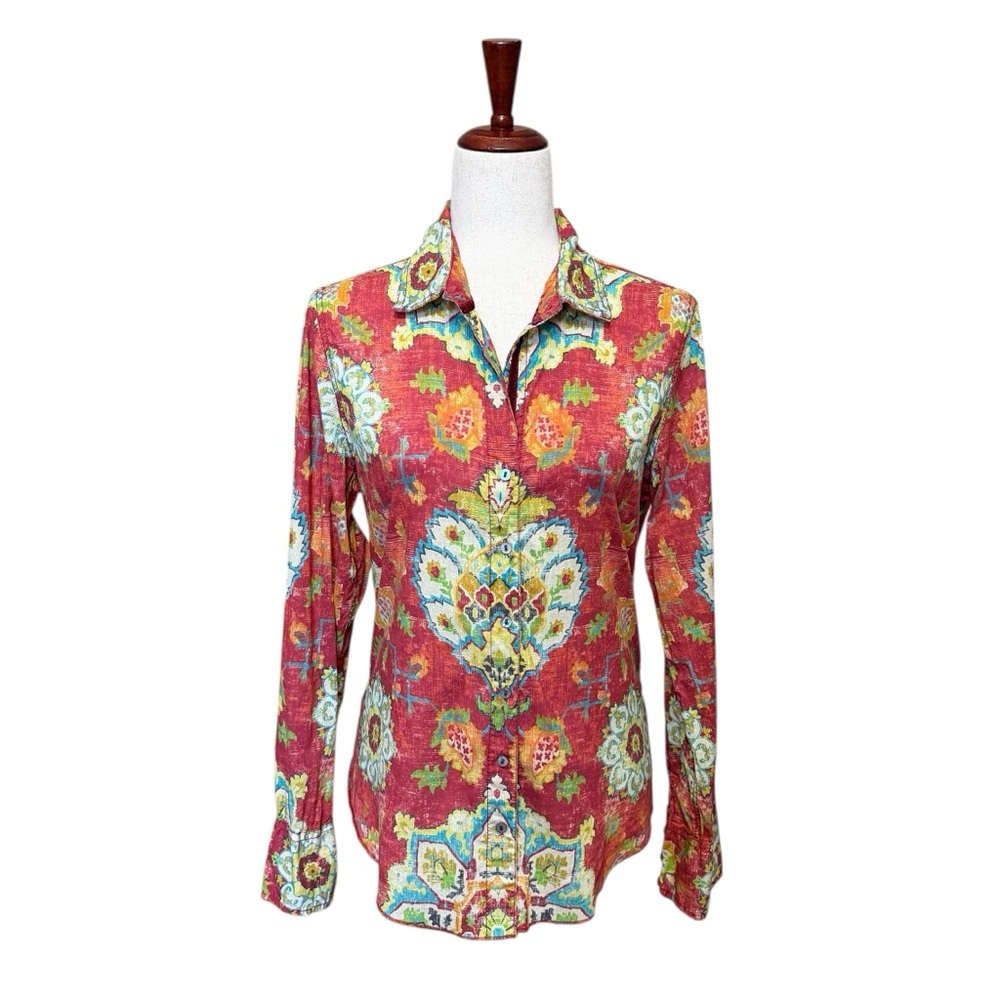 Sundance Cino Floral Red Teal Boho Button Down Top Size S #2076 - Picture 2 of 8